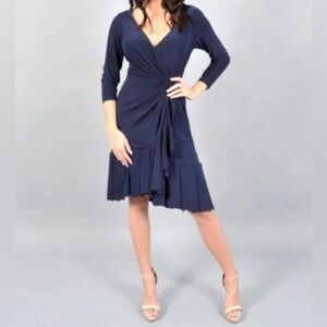 NWT Marina Ruched 3/4 sleeve Pleated Ruffle Trim Knot Wrap Dress Navy Blue sz XL